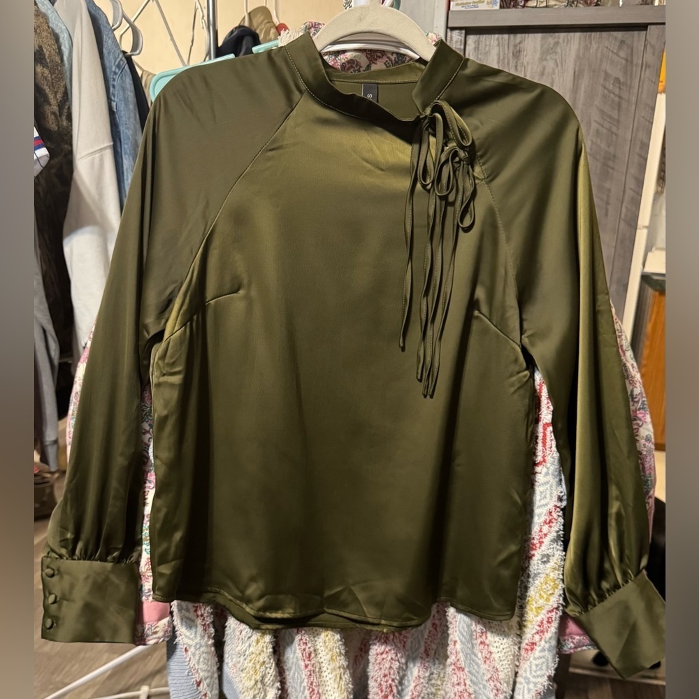 Y.A.S Olive Green Satin Top with tie neck accent - Picture 3 of 8